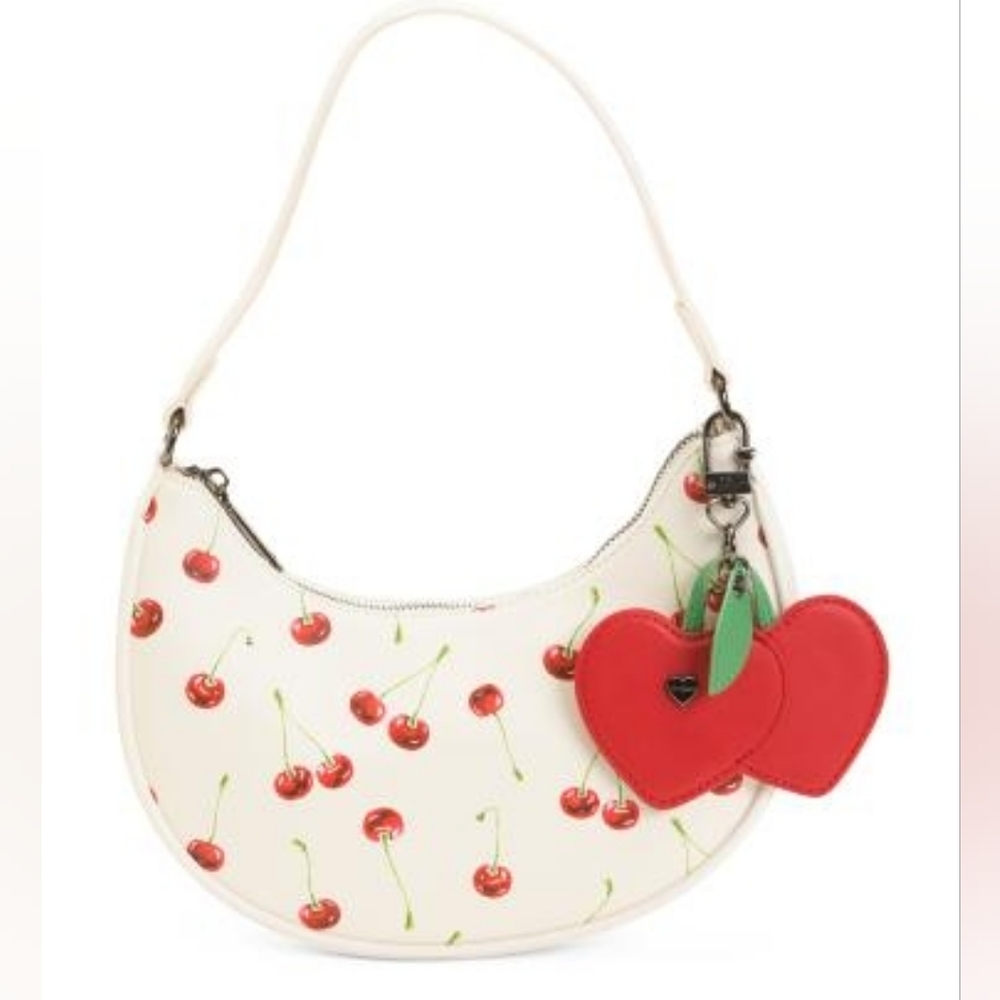 NEW NWT Betsey Johnson Cherry Print White Handbag with Red Heart Charm